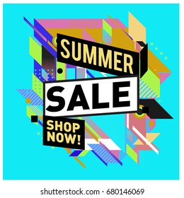 Summer sale geometric style web banner. Fashion and travel discount. Vector holiday Abstract colorful illustration with special offers and promotion.