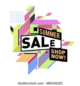 Summer sale geometric style web banner. Fashion and travel discount. Vector holiday Abstract colorful illustration with special offers and promotion.