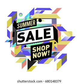Summer sale geometric style web banner. Fashion and travel discount. Vector holiday Abstract colorful illustration with special offers and promotion.