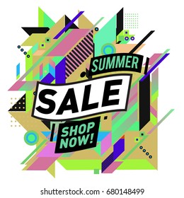 Summer sale geometric style web banner. Fashion and travel discount. Vector holiday Abstract colorful illustration with special offers and promotion.
