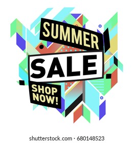 Summer sale geometric style web banner. Fashion and travel discount. Vector holiday Abstract colorful illustration with special offers and promotion.