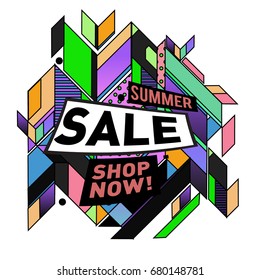 Summer sale geometric style web banner. Fashion and travel discount. Vector holiday Abstract colorful illustration with special offers and promotion.
