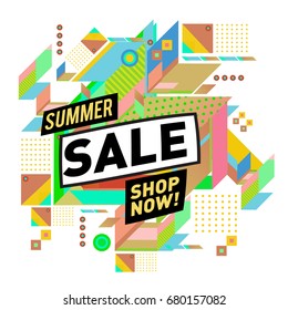 Summer sale geometric style web banner. Fashion and travel discount. Vector holiday Abstract colorful illustration with special offers and promotion.