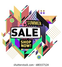 Summer sale geometric style web banner. Fashion and travel discount. Vector holiday Abstract colorful illustration with special offers and promotion.