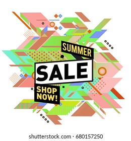 Summer sale geometric style web banner. Fashion and travel discount. Vector holiday Abstract colorful illustration with special offers and promotion.