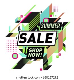 Summer sale geometric style web banner. Fashion and travel discount. Vector holiday Abstract colorful illustration with special offers and promotion.