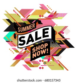 Summer sale geometric style web banner. Fashion and travel discount. Vector holiday Abstract colorful illustration with special offers and promotion.