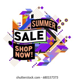 Summer sale geometric style web banner. Fashion and travel discount. Vector holiday Abstract colorful illustration with special offers and promotion.