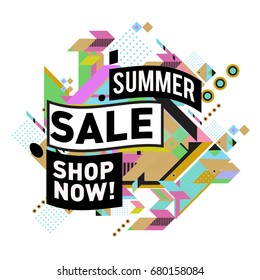 Summer sale geometric style web banner. Fashion and travel discount. Vector holiday Abstract colorful illustration with special offers and promotion.