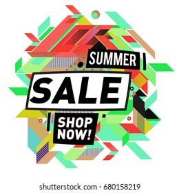 Summer sale geometric style web banner. Fashion and travel discount. Vector holiday Abstract colorful illustration with special offers and promotion.