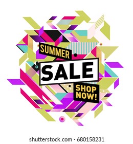 Summer sale geometric style web banner. Fashion and travel discount. Vector holiday Abstract colorful illustration with special offers and promotion.