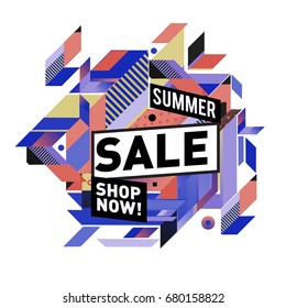 Summer sale geometric style web banner. Fashion and travel discount. Vector holiday Abstract colorful illustration with special offers and promotion.