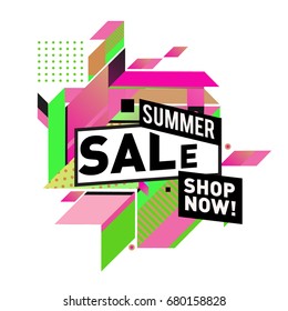 Summer sale geometric style web banner. Fashion and travel discount. Vector holiday Abstract colorful illustration with special offers and promotion.