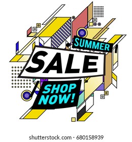 Summer sale geometric style web banner. Fashion and travel discount. Vector holiday Abstract colorful illustration with special offers and promotion.
