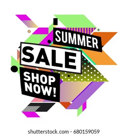Summer sale geometric style web banner. Fashion and travel discount. Vector holiday Abstract colorful illustration with special offers and promotion.