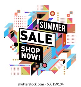 Summer sale geometric style web banner. Fashion and travel discount. Vector holiday Abstract colorful illustration with special offers and promotion.