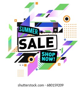 Summer sale geometric style web banner. Fashion and travel discount. Vector holiday Abstract colorful illustration with special offers and promotion.