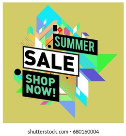 Summer sale geometric style web banner. Fashion and travel discount. Vector holiday Abstract colorful illustration with special offers and promotion.