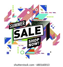 Summer sale geometric style web banner. Fashion and travel discount. Vector holiday Abstract colorful illustration with special offers and promotion.