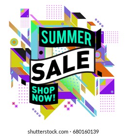 Summer sale geometric style web banner. Fashion and travel discount. Vector holiday Abstract colorful illustration with special offers and promotion.