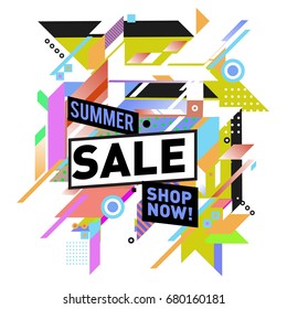 Summer sale geometric style web banner. Fashion and travel discount. Vector holiday Abstract colorful illustration with special offers and promotion.