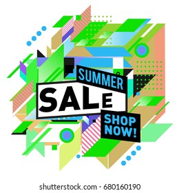 Summer sale geometric style web banner. Fashion and travel discount. Vector holiday Abstract colorful illustration with special offers and promotion.