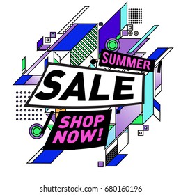 Summer sale geometric style web banner. Fashion and travel discount. Vector holiday Abstract colorful illustration with special offers and promotion.