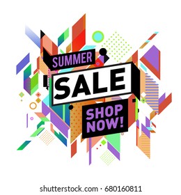 Summer sale geometric style web banner. Fashion and travel discount. Vector holiday Abstract colorful illustration with special offers and promotion.