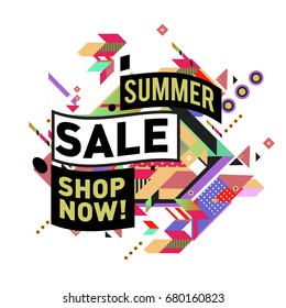 Summer sale geometric style web banner. Fashion and travel discount. Vector holiday Abstract colorful illustration with special offers and promotion.