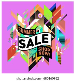 Summer sale geometric style web banner. Fashion and travel discount. Vector holiday Abstract colorful illustration with special offers and promotion.