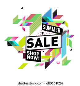 Summer sale geometric style web banner. Fashion and travel discount. Vector holiday Abstract colorful illustration with special offers and promotion.