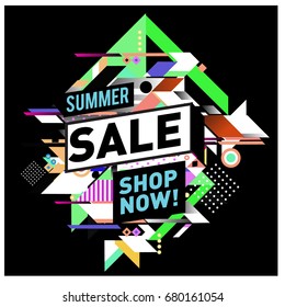 Summer sale geometric style web banner. Fashion and travel discount. Vector holiday Abstract colorful illustration with special offers and promotion.