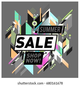 Summer sale geometric style web banner. Fashion and travel discount. Vector holiday Abstract colorful illustration with special offers and promotion.