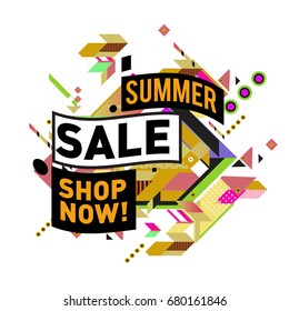 Summer sale geometric style web banner. Fashion and travel discount. Vector holiday Abstract colorful illustration with special offers and promotion.