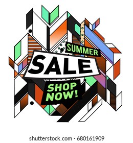 Summer sale geometric style web banner. Fashion and travel discount. Vector holiday Abstract colorful illustration with special offers and promotion.