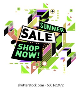 Summer sale geometric style web banner. Fashion and travel discount. Vector holiday Abstract colorful illustration with special offers and promotion.