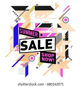 Summer sale geometric style web banner. Fashion and travel discount. Vector holiday Abstract colorful illustration with special offers and promotion.