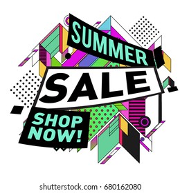 Summer sale geometric style web banner. Fashion and travel discount. Vector holiday Abstract colorful illustration with special offers and promotion.