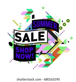 Summer sale geometric style web banner. Fashion and travel discount. Vector holiday Abstract colorful illustration with special offers and promotion.