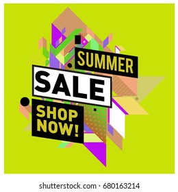 Summer sale geometric style web banner. Fashion and travel discount. Vector holiday Abstract colorful illustration with special offers and promotion.