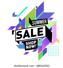 Summer sale geometric style web banner. Fashion and travel discount. Vector holiday Abstract colorful illustration with special offers and promotion.
