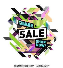 Summer sale geometric style web banner. Fashion and travel discount. Vector holiday Abstract colorful illustration with special offers and promotion.