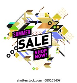 Summer sale geometric style web banner. Fashion and travel discount. Vector holiday Abstract colorful illustration with special offers and promotion.