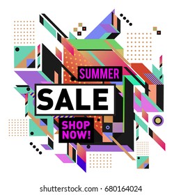 Summer sale geometric style web banner. Fashion and travel discount. Vector holiday Abstract colorful illustration with special offers and promotion.