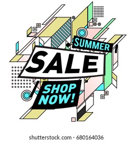 Summer sale geometric style web banner. Fashion and travel discount. Vector holiday Abstract colorful illustration with special offers and promotion.