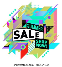 Summer sale geometric style web banner. Fashion and travel discount. Vector holiday Abstract colorful illustration with special offers and promotion.