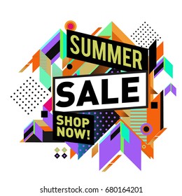 Summer sale geometric style web banner. Fashion and travel discount. Vector holiday Abstract colorful illustration with special offers and promotion.