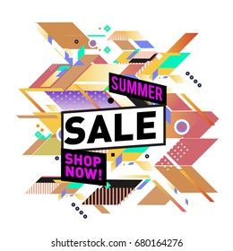 Summer sale geometric style web banner. Fashion and travel discount. Vector holiday Abstract colorful illustration with special offers and promotion.