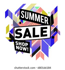 Summer sale geometric style web banner. Fashion and travel discount. Vector holiday Abstract colorful illustration with special offers and promotion.