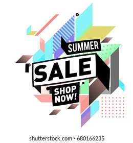 Summer sale geometric style web banner. Fashion and travel discount. Vector holiday Abstract colorful illustration with special offers and promotion.